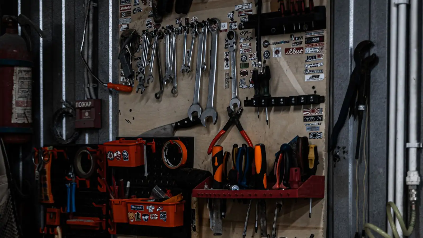 Tools hanging on a garage workshop wall